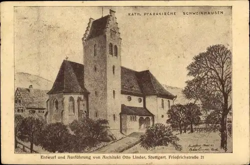 Künstler Ak Schweinhausen Hochdorf in Oberschwaben, Katholische Pfarrkirche