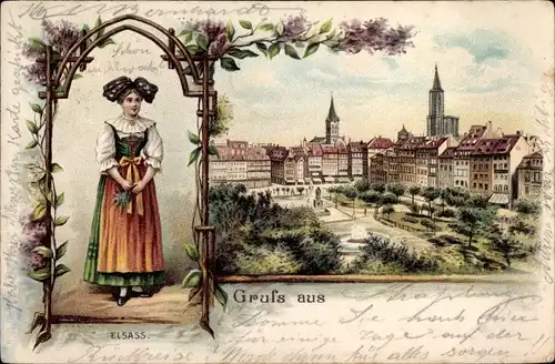 Litho Strasbourg Straßburg Elsass Bas Rhin, Elsässerin in Tracht, Ortsansicht