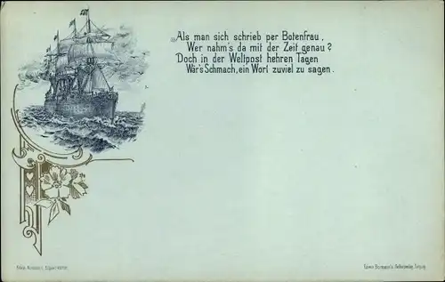 Litho Als man schrieb der Botenfrau, Segelschiff auf dem Meer