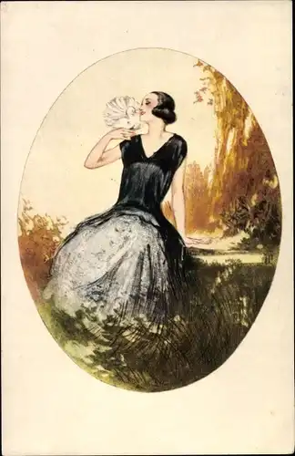 Künstler Ak Frau in schwarzem Kleid mit Taube