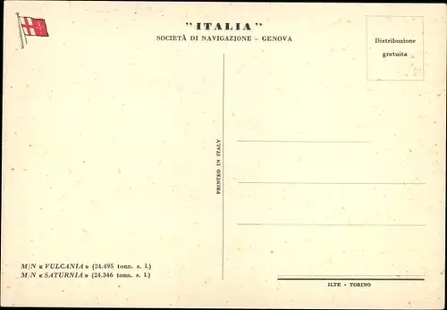 Ak Dampfer MN Vulcania, Saturnia, Italian Line