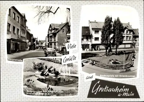 Ak Großauheim Hanau im Main Kinzig Kreis Hessen, Hauptstraße, Rochusplatz, Entenbrunnen