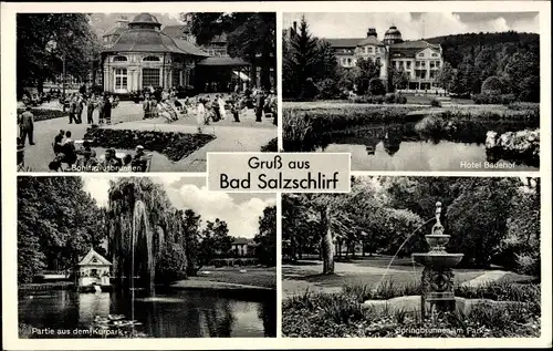 Ak Bad Salzschlirf in Hessen, Hotel Badehof, Kurpark, Springbrunnen, Bonifaziusbrunnen