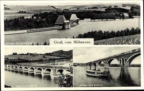 Ak Möhnesee in Westfalen, Möhnetalsperre, Sperrmauer, Delecker Brücke, Körbecker Brücke