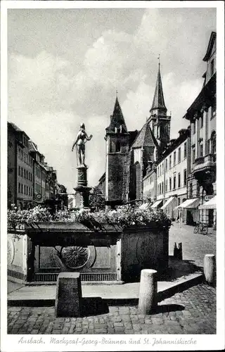 Ak Ansbach in Mittelfranken Bayern, Markgraf Georg Brunnen, St. Johanniskirche