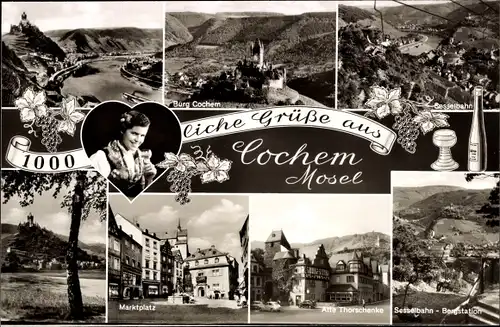 Ak Cochem an der Mosel, Gesamtansicht, Burg, Sesselbahn, Alte Thorschenke, Marktplatz