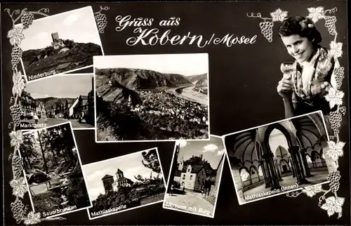 Ak Cobern Kobern Gondorf an der Mosel, Mathiaskapelle, Sauerbrunnen, Niederburg, Uhrturm