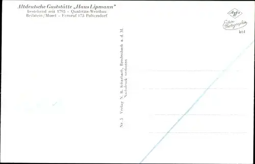 Ak Beilstein a.d. Mosel, Haus Lipmann, Terrasse, Altertümlicher Saal, Weinstube