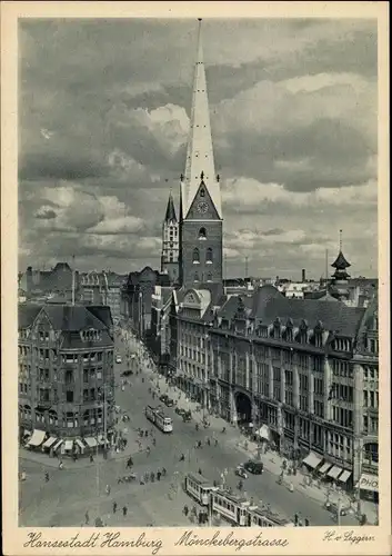 Ak Hamburg, Mönckebergstraße, Straßenbahnen, Kirche