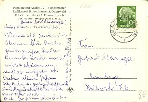 Ak Kirschhausen im Odenwald Heppenheim an der Bergstraße, Pension Villa Rosemarie