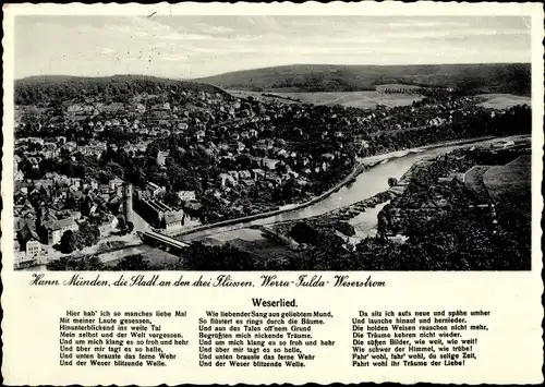 Ak Hann. Münden in Niedersachsen, Panorama vom Ort m. Werra Fulda Weserstrom, Weserlied