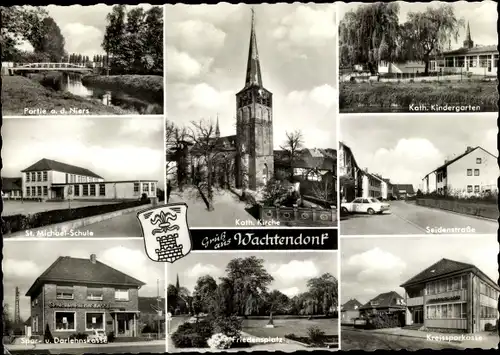 Wappen Ak Wachtendonk in Nordrhein Westfalen, Kirche, Kindergarten, Schule, Sparkasse, Flusspartie