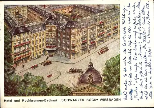 Künstler Ak Wiesbaden in Hessen, Hotel und Kochbrunnenbadehaus Schwarzer Bock, Th. Schäfer