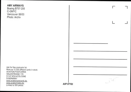 Ak Kanadisches Passagierflugzeug, HMY Airways, Boeing B757-200