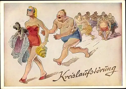 Künstler Ak Kreislaufstörung, Männer am Strand, Frau in Badeanzug, Lengauer Karte Nr 3063a