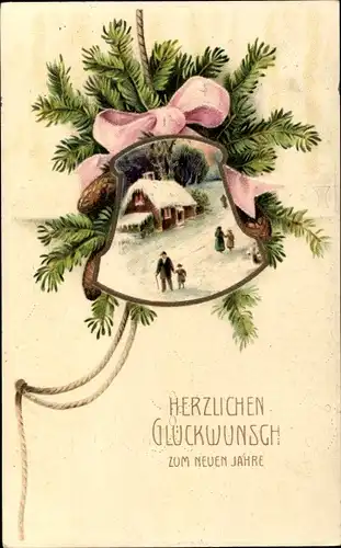 Präge Ak Glückwunsch Neujahr, Glocken, Zapfen, Tannenbaum, Kirche