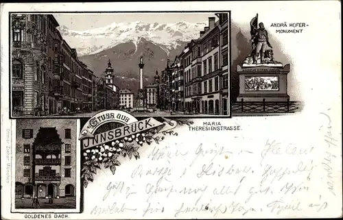 Litho Innsbruck in Tirol, Maria Theresien Straße, Andrä Hofer Monument, Goldenes Dach