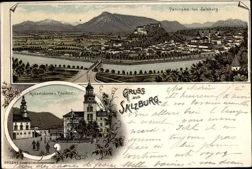 Litho Salzburg in Österreich, Michaeliskirche, Residenz, Totalansicht der Ortschaft