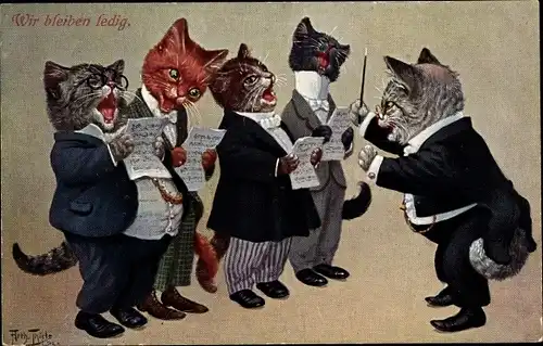 Künstler Ak Thiele, Arthur, Vermenschlichte Katzen als Sänger, Dirigent