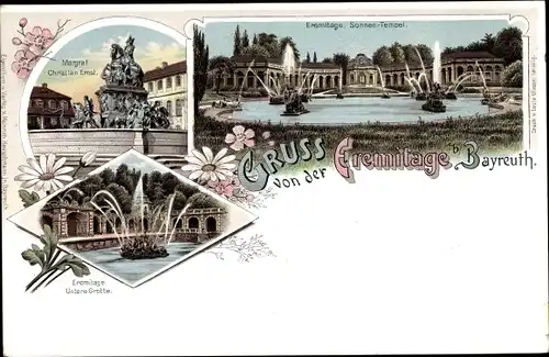 Litho Bayreuth in Oberfranken, Eremitage, Sonnentempel, Grotte, Markgraf Christian Ernst Denkmal