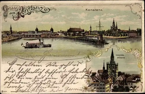 Litho Konstanz am Bodensee, Panorama, Konstanz Münster