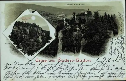 Mondschein Litho Baden Baden am Schwarzwald, altes Schloss bei Nacht, Felspartie