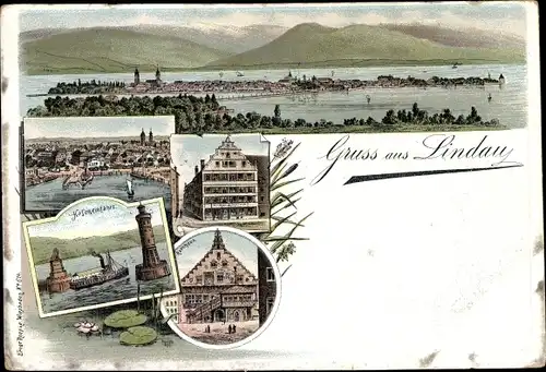 Litho Lindau am Bodensee Schwaben, Gesamtansicht, Hafeneinfahrt, Rathaus