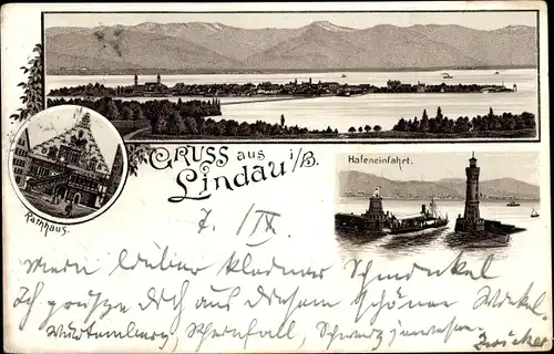 Litho Lindau am Bodensee Schwaben, Gesamtansicht, Hafeneinfahrt, Rathaus