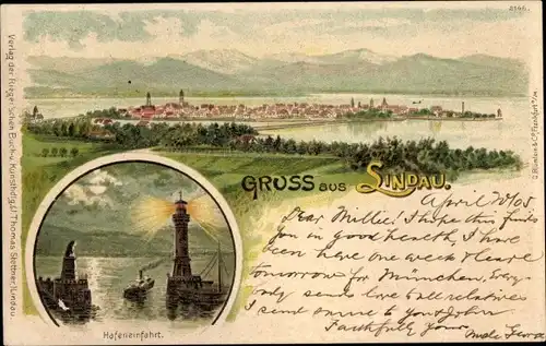 Litho Lindau am Bodensee Schwaben, Gesamtansicht, Hafeneinfahrt