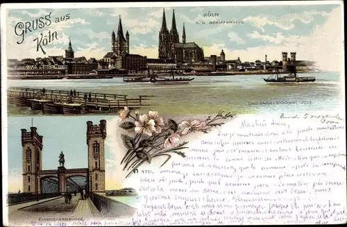 Litho Köln am Rhein, Panorama, Eisenbahnbrücke