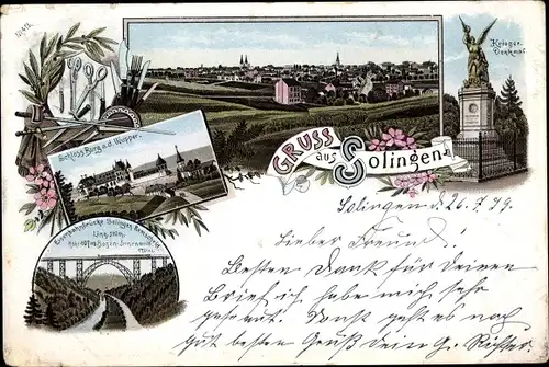 Litho Solingen in Nordrhein Westfalen, Panorama, Krieger Denkmal, Eisenbahnbrücke, Schloss