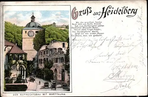 Litho Heidelberg am Neckar, Gedicht, Ruprechtsbau, Wartturm