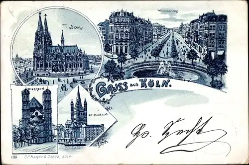 Litho Köln am Rhein, Dom, St. Martin, St. Gereon, Vogelschau