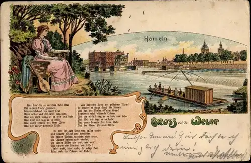 Litho Hameln in Niedersachsen, Weserlied von Dingelstedt, Flusspartie mit Blick auf die Stadt