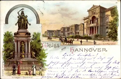Litho Hannover in Niedersachsen, Krieger Denkmal, Schiffgraben