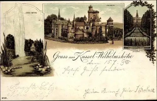 Litho Bad Wilhelmshöhe Kassel in Hessen, Löwenburg, Gr. Fontaine, Cascaden