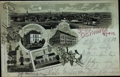 Mondschein Litho Osthofen am Rhein, Hotel, Amtsgericht, Turnhalle, Denkmal, Blick auf den Ort