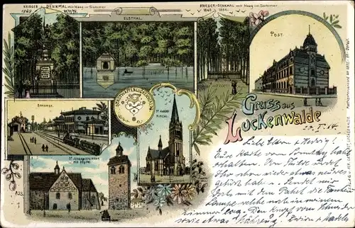 Litho Luckenwalde in Brandenburg, Post, Kirche, Bahnhof, Elstal, Kriegerdenkmal