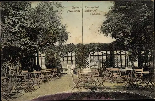 Ak Hansestadt Lübeck, Garten Restaurant Wakenitz Bellevue, Außenansicht