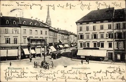 Ak Mulhouse Mülhausen Elsass Haut Rhin, Neuquartierplatz, Straßenbahn