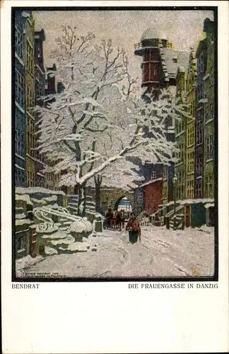 Künstler Litho Bendrat, Gdańsk Danzig, Frauengasse im Winter, Schnee