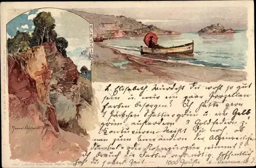 Künstler Litho Wielandt, Manuel, Alassio Liguria, Frau mit Schirm im Boot, Felsen