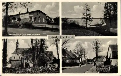 Ak Süsel in Ostholstein, Gasthof Zur alten Schmiede, Dorfpartie, Kirche, Ufer