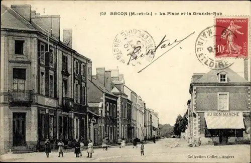 Ak Bécon Maine et Loire, La Place et la Grande Rue