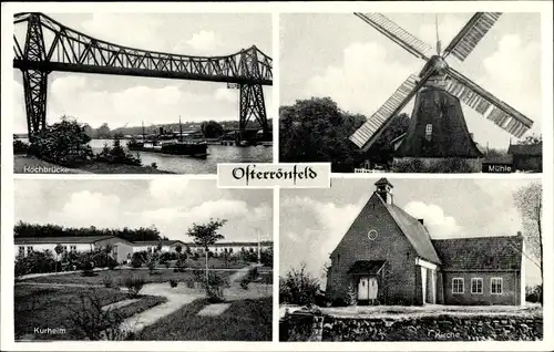 Ak Osterrönfeld Schleswig Holstein, Windmühle, Kirche, Kurheim, Hochbrücke