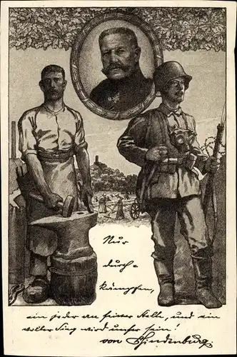 Künstler Ak Generalfeldmarschall Paul von Hindenburg, Schmied, Soldat, I. WK