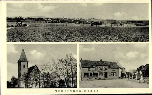 Ak Mehlingen in der Pfalz, Panorama, Kirche, Geschäft, Inh. Karl Schäfer