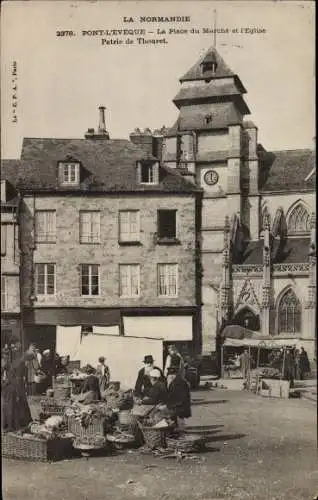 Ak Pont L'Eveque Normandie Calvados, La Place du Marché et l'Eglise, Markt