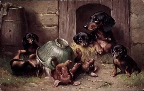 Künstler Ak Reichert, Dackel mit Welpen