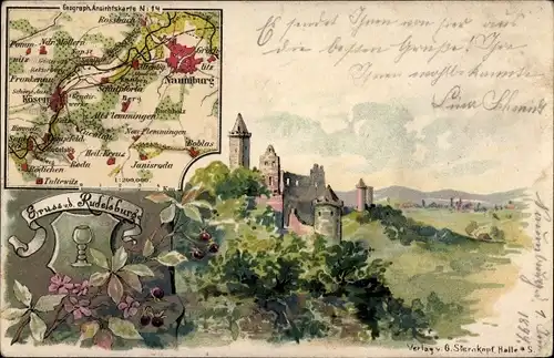 Landkarten Litho Bad Kösen Naumburg Saale, Rudelsburg, Wappen, Panorama